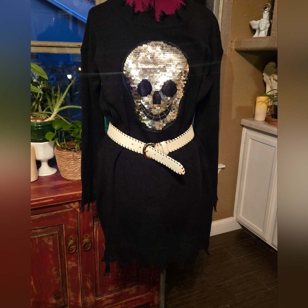 Black Sweater Dress with Silver Skull Design